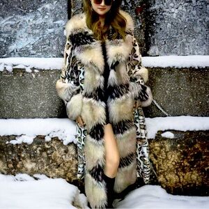 Animal‎ Print Teddy Jacket Long Fluffy Faux Fur Prominent Collar Coat